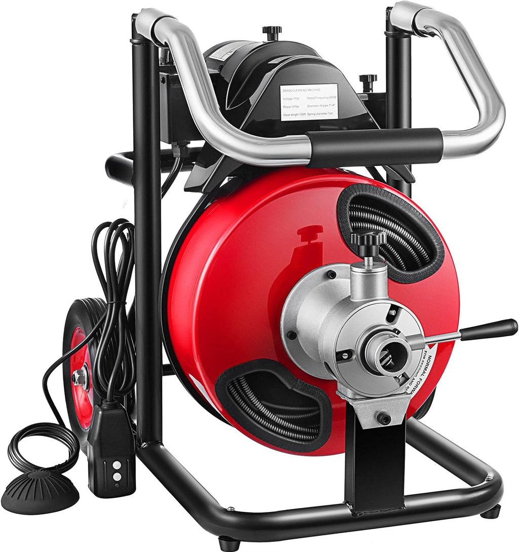 Drain Cleaning Machine 100Ft 3/8Inch Cable 370W Portable Electric Sewer Snake Drain Auger Cleaner with 8 Cutter Foot Switch K1603