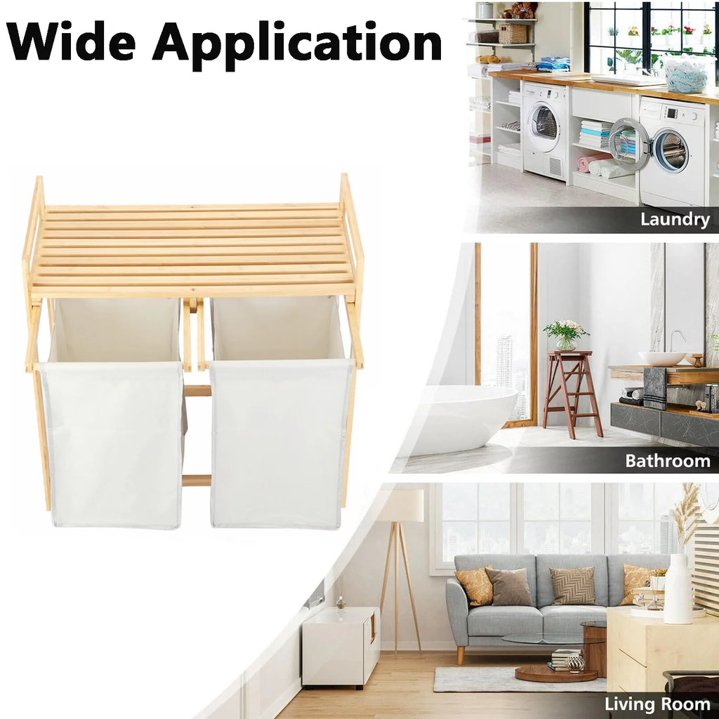 Freestanding Bamboo Laundry Basket with Shelf and Removable Bags U937993