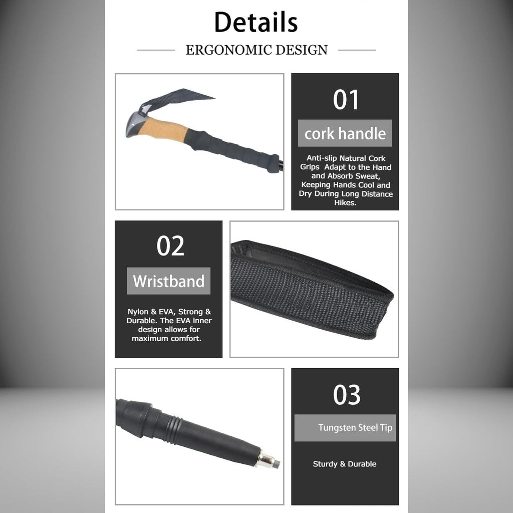 Ultralight Telescopic Trekking Poles with Natural Cork Grips and Nylon Storage Bag O7242