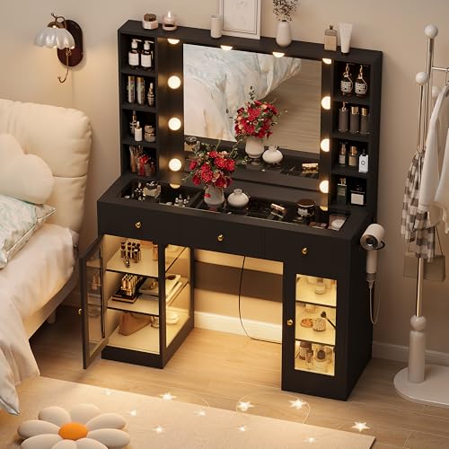 White Glass Top Vanity Desk with Mirror and Lights and 3 Drawers Q344870
