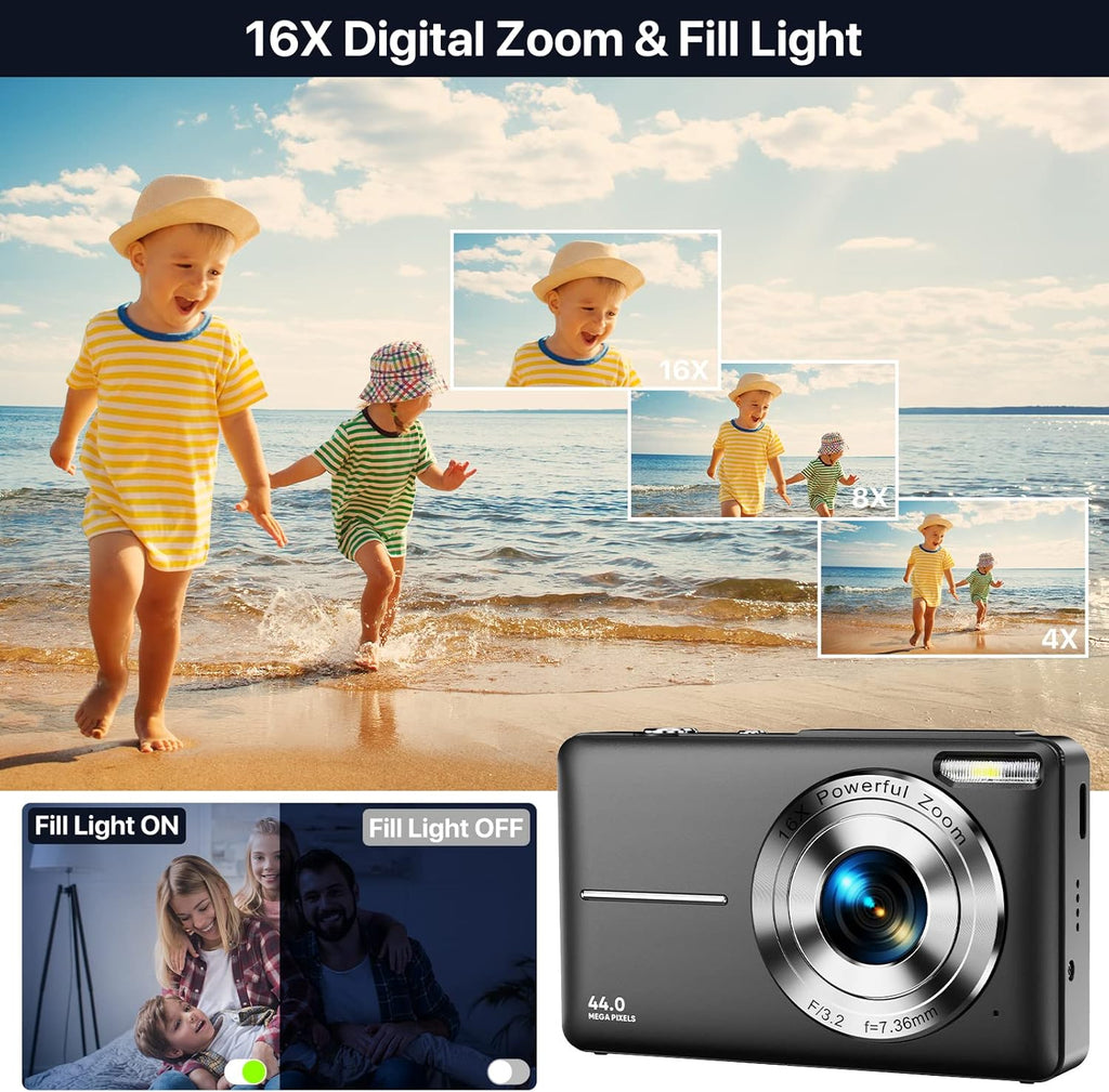 Black 44MP FHD 1080P Compact Digital Camera with 32GB Card F731