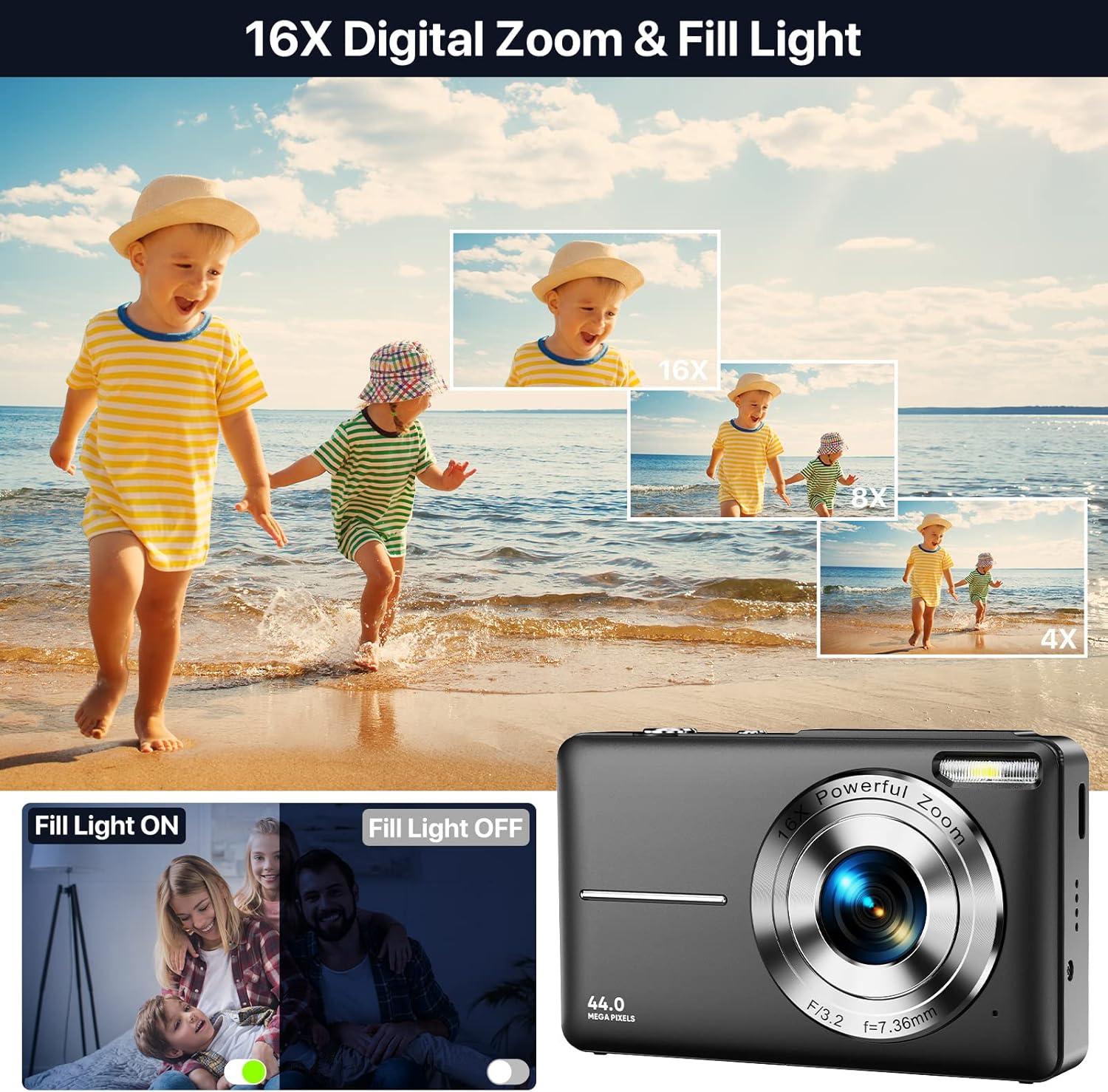 Black 44MP FHD 1080P Compact Digital Camera with 32GB Card F731