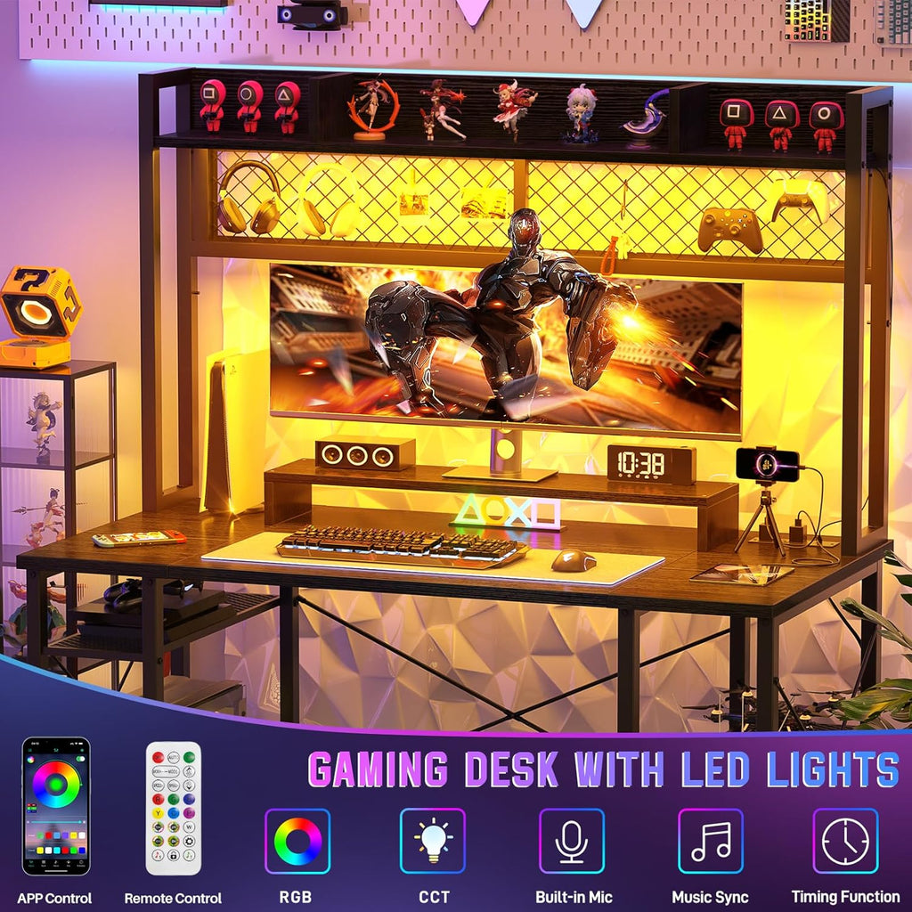 Black 47 Inch Gaming Desk with Hutch and LED Lights N821