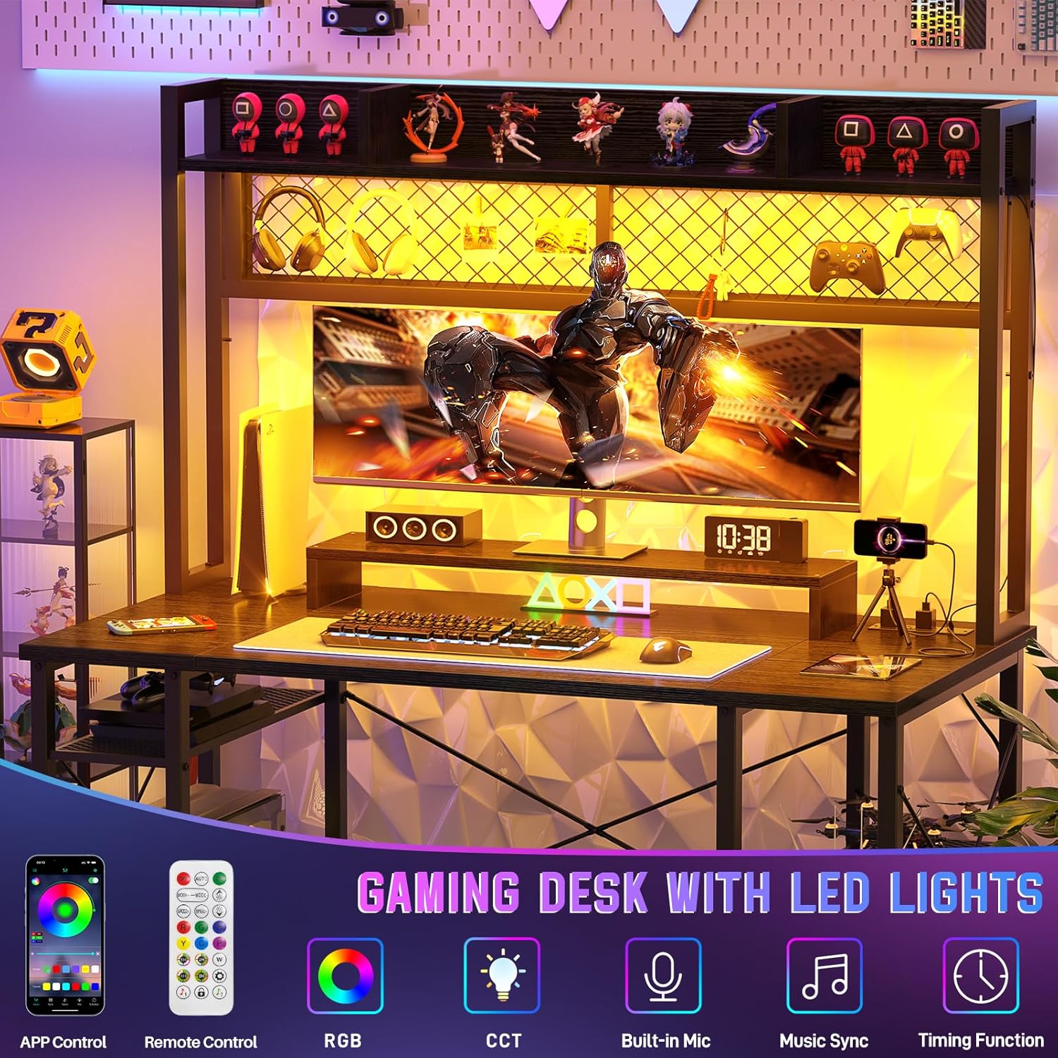 Black 47 Inch Gaming Desk with Hutch and LED Lights N821