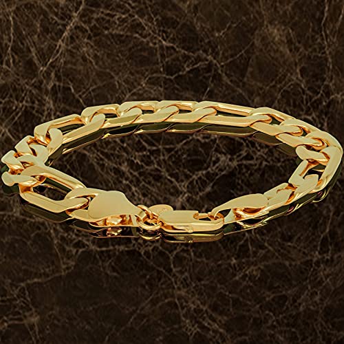 11mm Beveled Figaro Chain Bracelet 24k Real Gold Plated Z17043