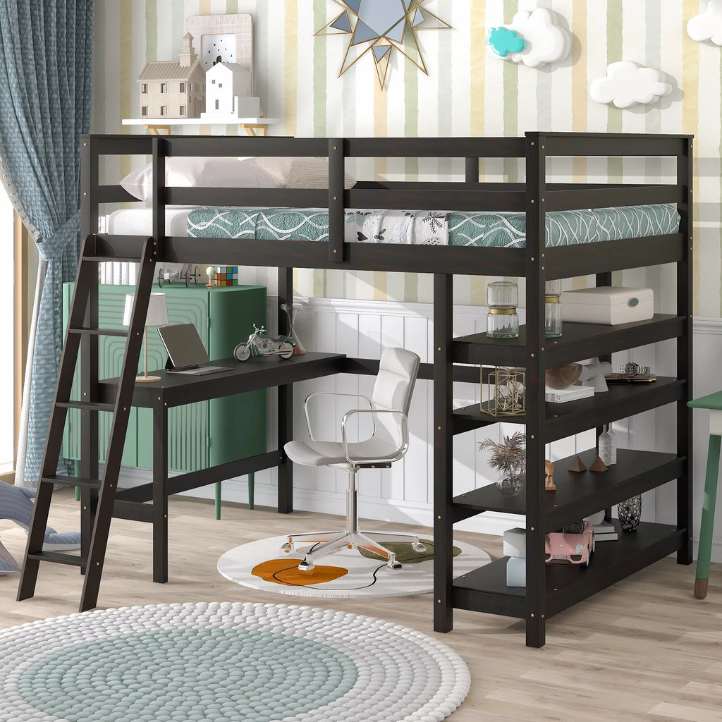 Full Size Wooden Loft Bed with Desk and Storage Shelves H747
