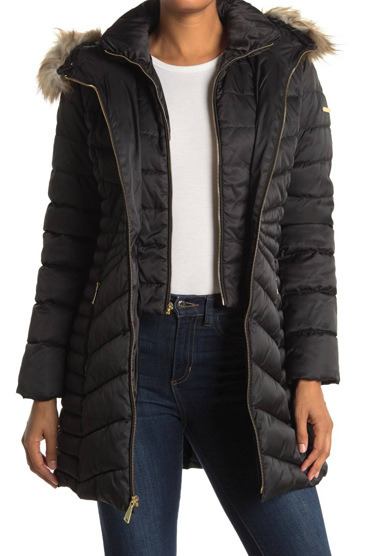 Black Faux-Fur-Trim Hooded Puffer Coat V73261