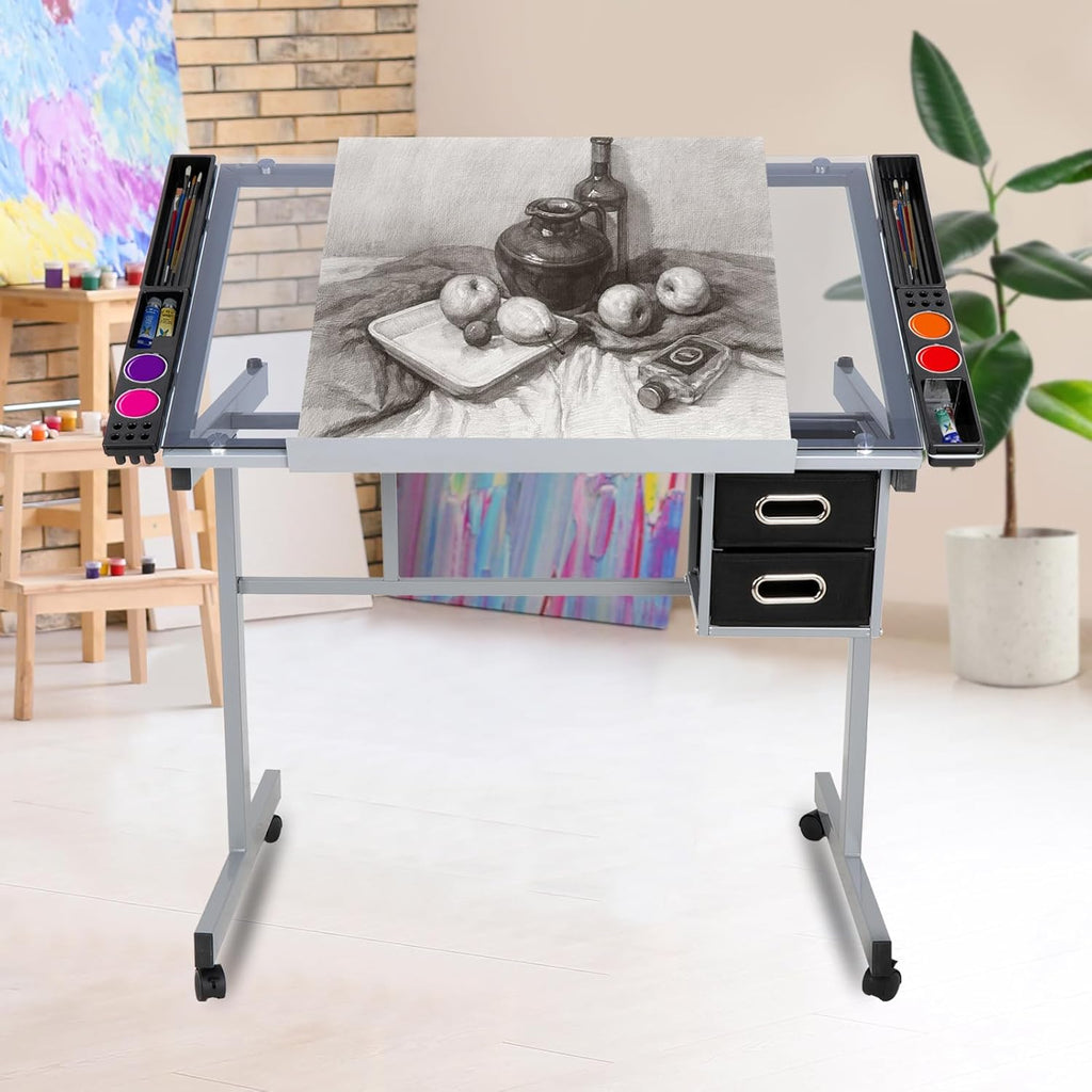 Height Adjustable Drafting Table with Storage Drawers and Wheels G800