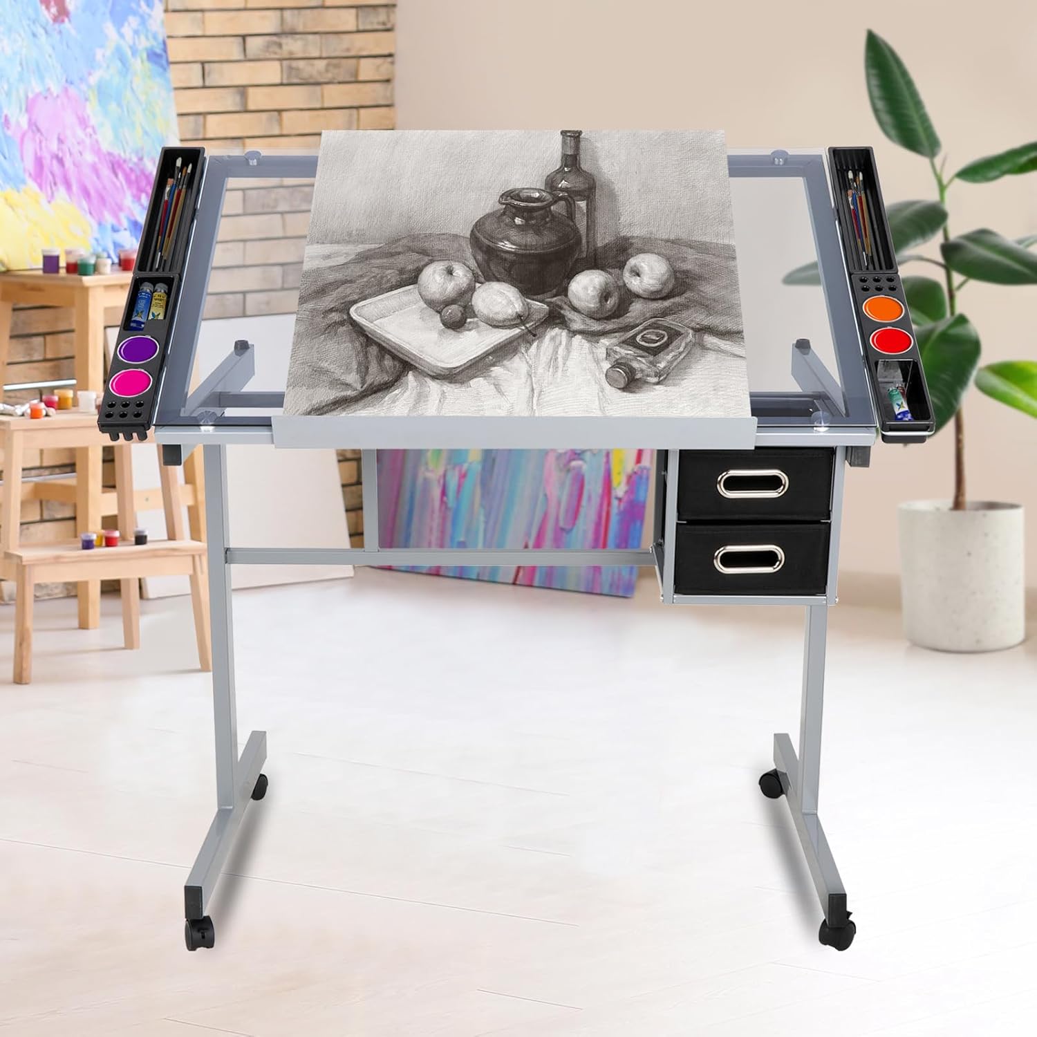Height Adjustable Drafting Table with Storage Drawers and Wheels G800