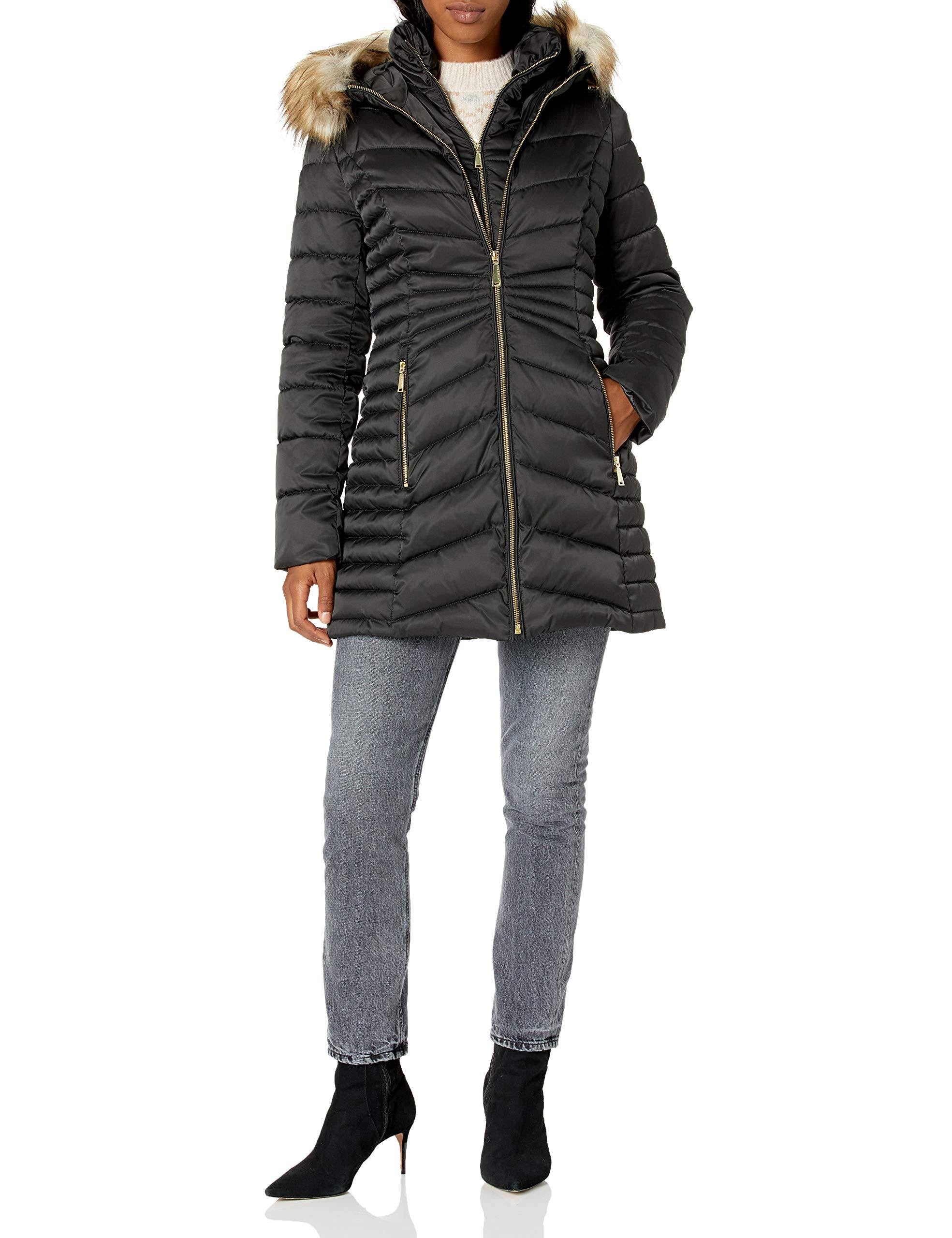 Black Faux-Fur-Trim Hooded Puffer Coat V73261