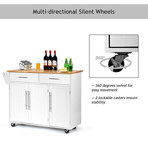 White Kitchen Island Cart Rolling Storage Trolley with Lockable Castors, 2 Drawers, 3 Door Cabinet K65860