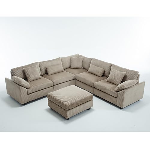 Oversized Corner Modular Sectional Sofa Set, L-Shaped Couch with Movable Ottoman and 7 Pillows, Corduroy Fabric Deep Seat 6 Seater Cloud Couch (Beige) V8367