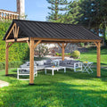 13'x 11' Solid Wood Patio Gazebo with Black Steel Gable Hardtop Roof P4664