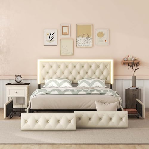 Queen Size Upholstered Bed Frame with 4 Storage Drawers, Button Tufted Adjustable Headboard PU Leather Platform Bed with LED Light (Black) D1551