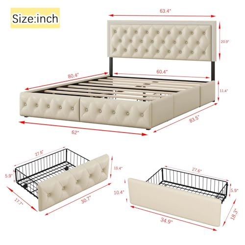 Queen Size Upholstered Bed Frame with 4 Storage Drawers, Button Tufted Adjustable Headboard PU Leather Platform Bed with LED Light (Black) D1551