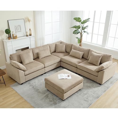 Oversized Corner Modular Sectional Sofa Set, L-Shaped Couch with Movable Ottoman and 7 Pillows, Corduroy Fabric Deep Seat 6 Seater Cloud Couch (Beige) V8367