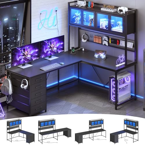 Rustic Brown L Shaped Gaming Desk with Drawers, Hutch, Storage Shelves, Pegboard, Led Lights, and Power Outlet Y873
