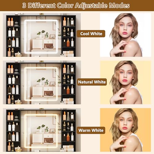 White Glass Top Vanity Desk with Mirror and Lights and 3 Drawers Q344870