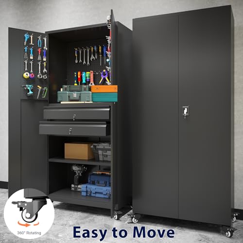 Metal Garage Storage Cabinet with Drawers and Wheels Rolling Tool Chest Cabinet with Pegboards Lockable Storage Cabinets with Adjustable Shelves E751