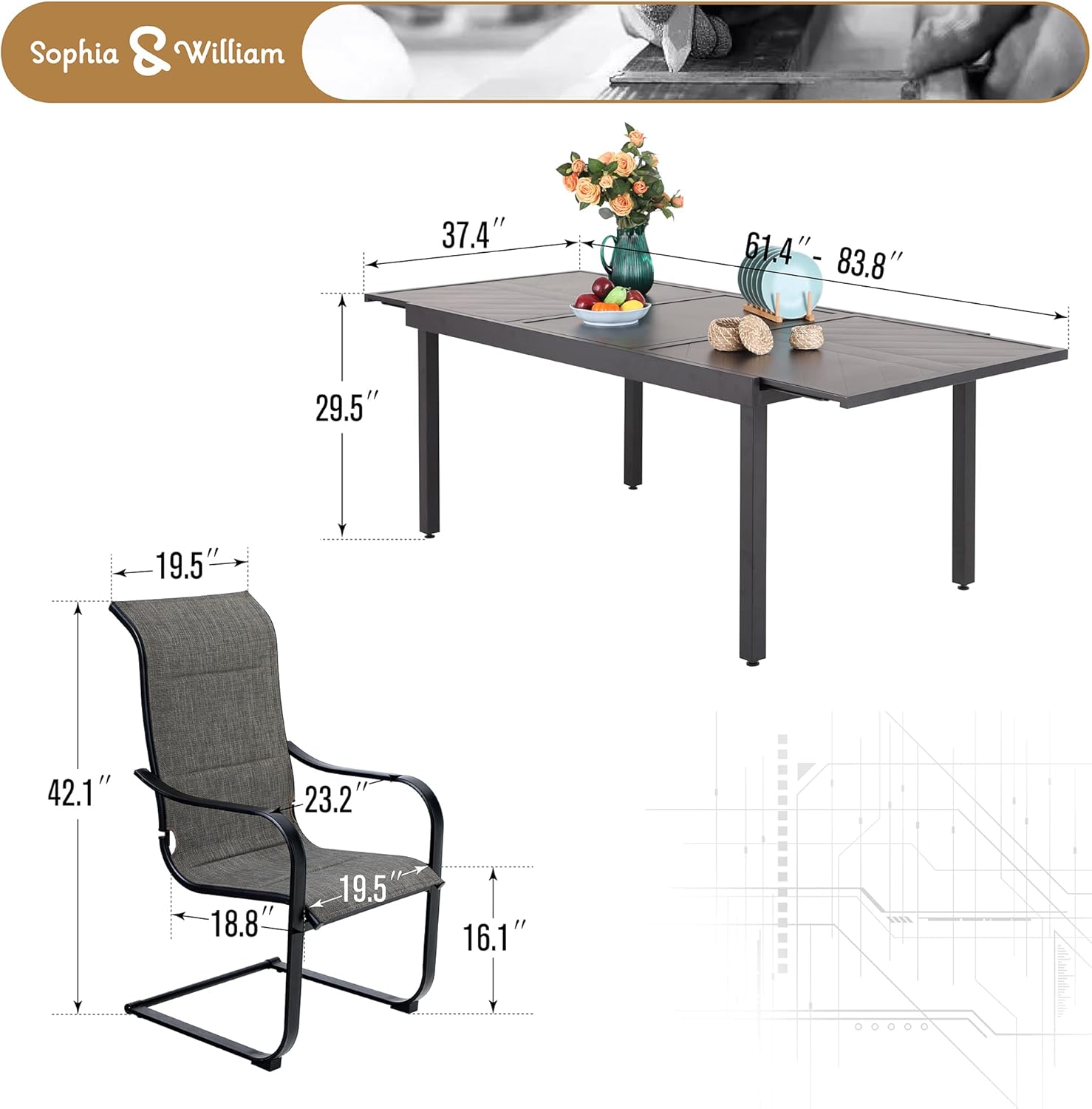 7 Piece Outdoor Dining Set with 6 Spring Motion Chairs and Expandable Table Y567