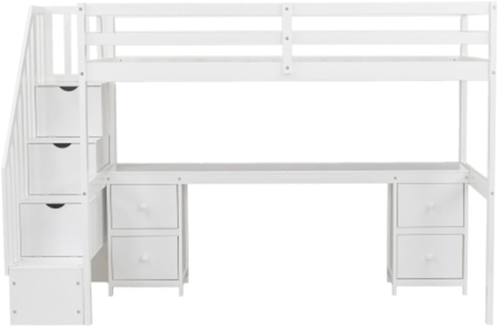 White double loft bunk bed frame with built-in desk and storage drawers A9652