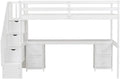White double loft bunk bed frame with built-in desk and storage drawers A9652