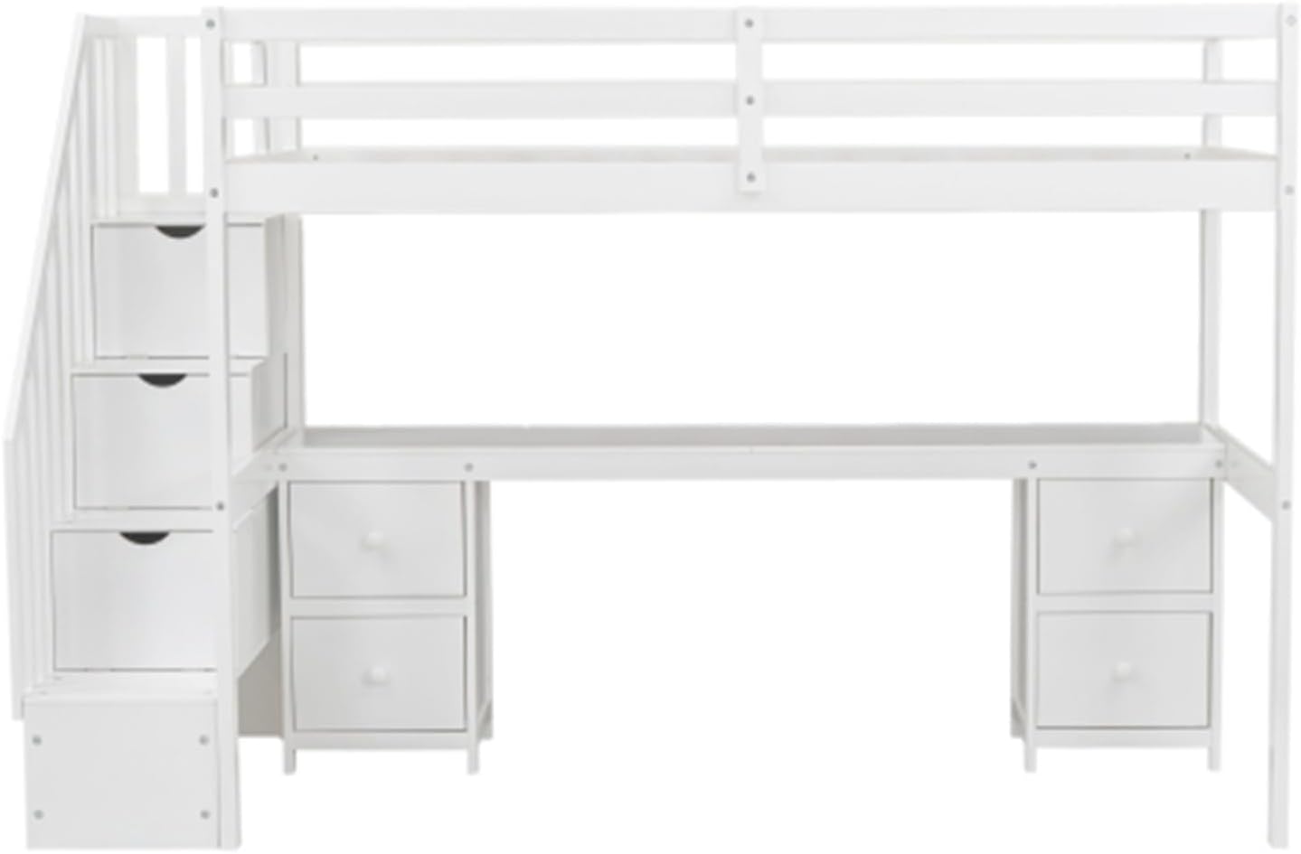 White double loft bunk bed frame with built-in desk and storage drawers A9652