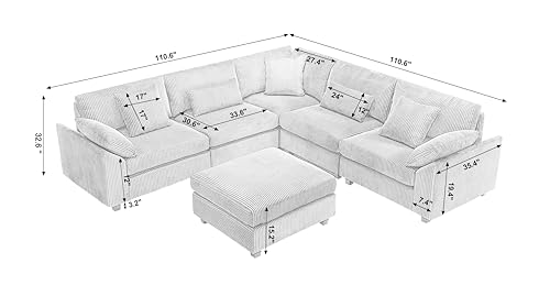 Oversized Corner Modular Sectional Sofa Set, L-Shaped Couch with Movable Ottoman and 7 Pillows, Corduroy Fabric Deep Seat 6 Seater Cloud Couch (Beige) V8367