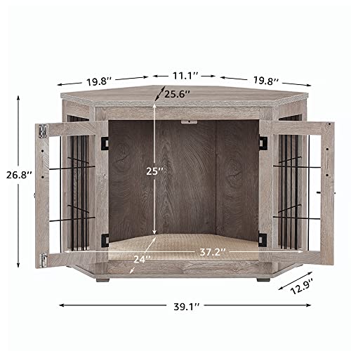 Large Weathered Gray Wooden Dog Crate Corner with Cushion V63829