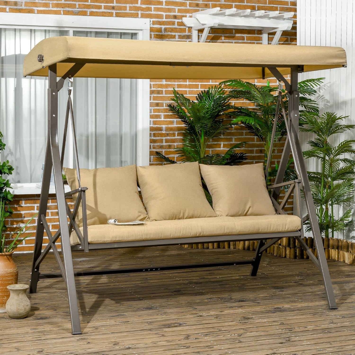 Khaki 3-Seat Patio Swing Chair with Cushion, 3 Throw Pillows & Adjustable Canopy G4993
