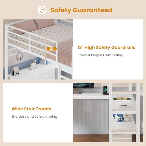 Full Size Loft Bed with U-Shaped Desk, 6 Storage Drawers, LED, Rustic Brown V8268