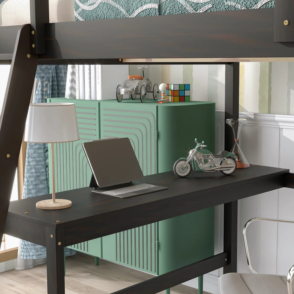 Full Size Wooden Loft Bed with Desk and Storage Shelves H747