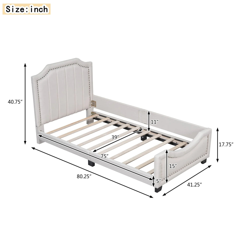 Twin Upholstered Platform Bed with Nailhead Trim and Guardrail D752