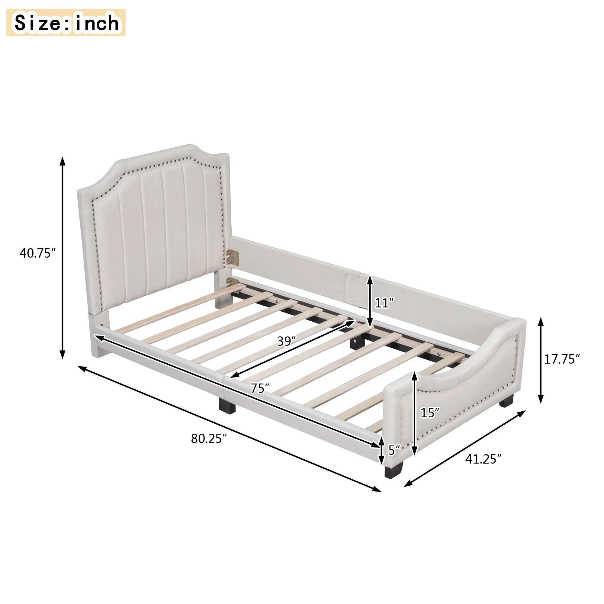 Twin Upholstered Platform Bed with Nailhead Trim and Guardrail D752