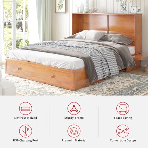 Queen Size Murphy Bed with Charging Station, Folding Foam Mattress (Cherry) K268099