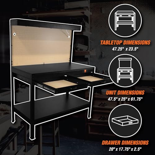48-Inch Black Workbench with Power Outlets and Light P3498