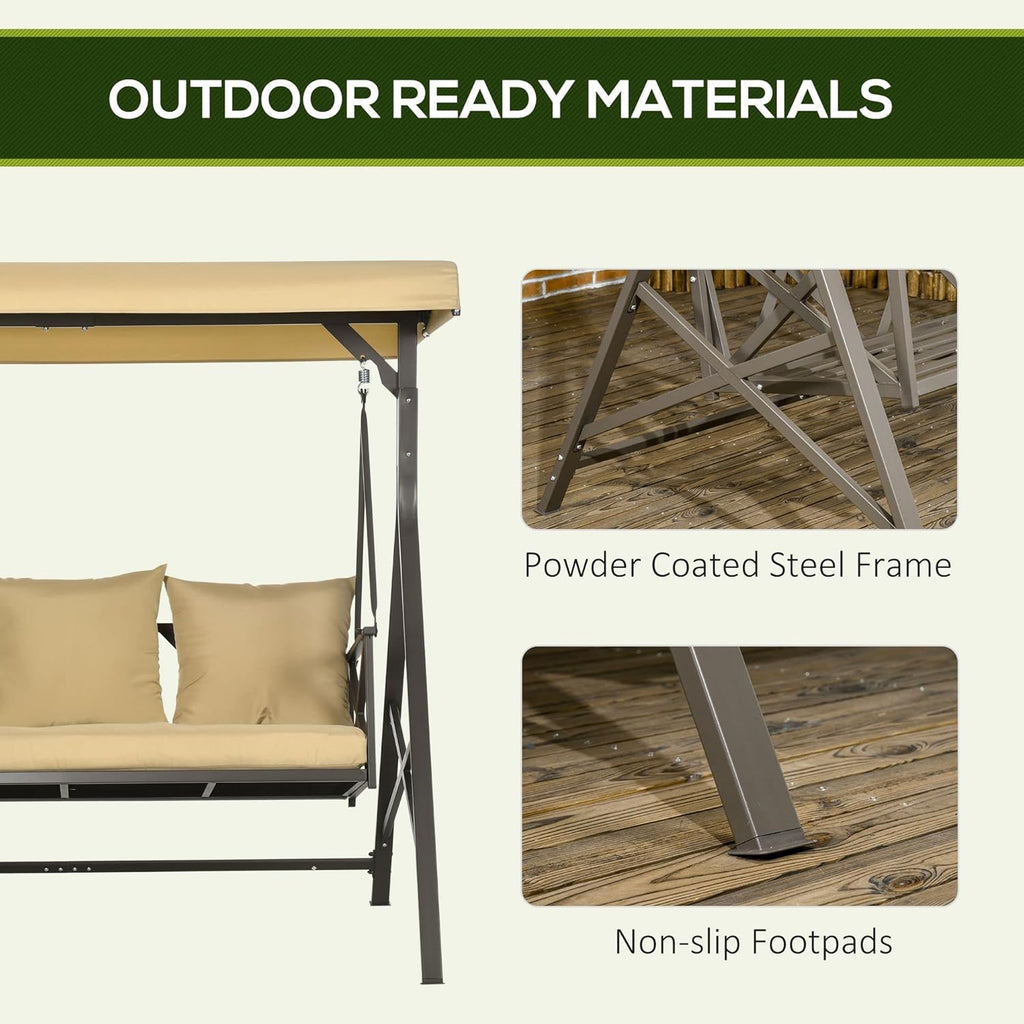 Khaki 3-Seat Patio Swing Chair with Cushion, 3 Throw Pillows & Adjustable Canopy G4993