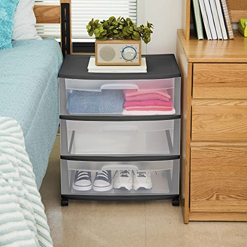 Plastic Storage Drawer Cart with 3 Large Clear Drawers and Wheels, Black W1847