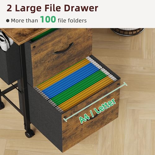 Rustic Brown Mobile File Cabinet with 2 Fabric File Drawer N411