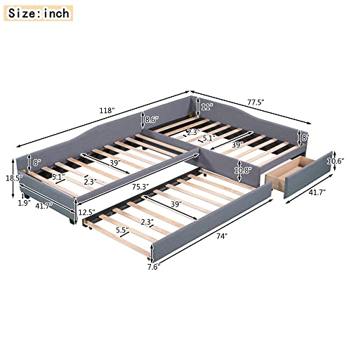 Gray Upholstered Double Twin Size Daybed with Trundle and Drawer A6559