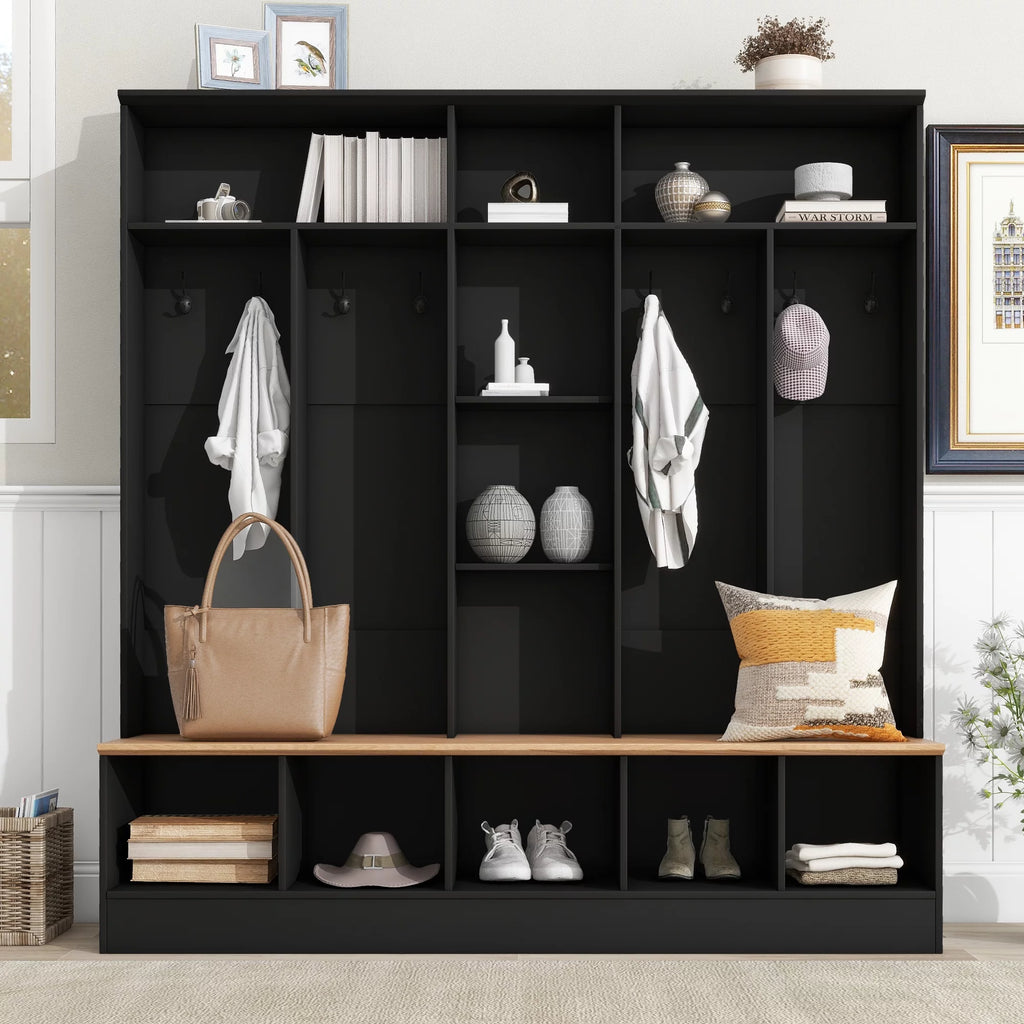 Black Hall Tree with Storage Bench and 8 Hooks P499768
