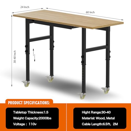 60" Adjustable Height Work Table with Power Outlet, Drawer and Wheels, Hardwood Work Bench H3856