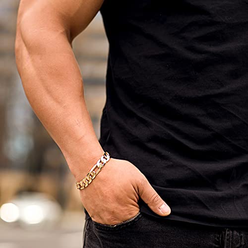 11mm Beveled Figaro Chain Bracelet 24k Real Gold Plated Z17043