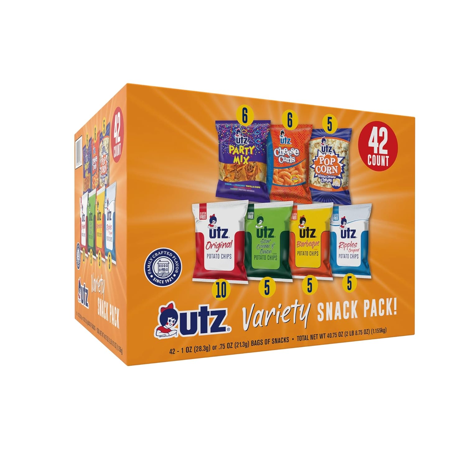 Snack Variety Pack, Potato Chips, Cheese Curls, Popcorn, Party Mix (Pack of 42) P86538