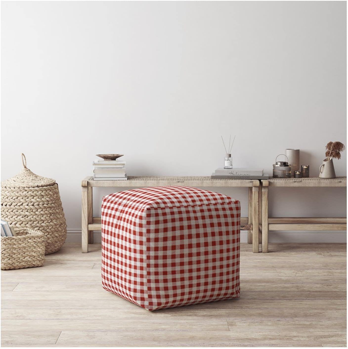 Red and White Cotton Gingham Pouf Ottoman S6505