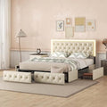 Queen Size Upholstered Bed Frame with 4 Storage Drawers, Button Tufted Adjustable Headboard PU Leather Platform Bed with LED Light (Black) D1551