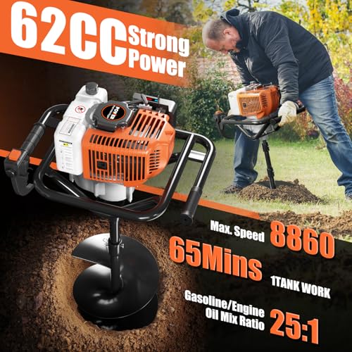 62cc Gas Powered Post Hole Digger with 2 Auger Drill Bits (6" & 8") and 3 Extension Rods H24194