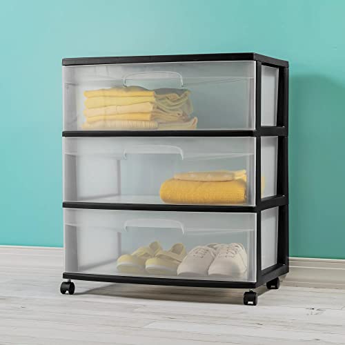 Plastic Storage Drawer Cart with 3 Large Clear Drawers and Wheels, Black W1847