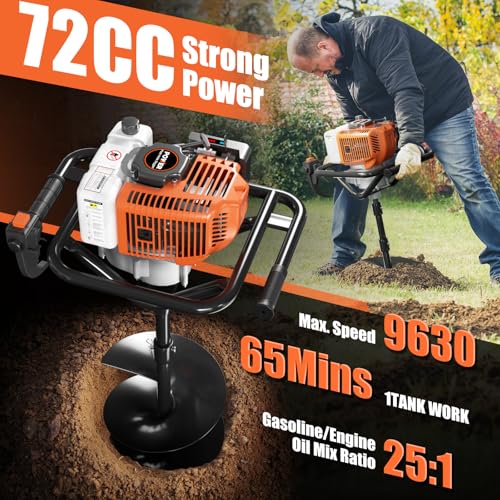 62cc Gas Powered Post Hole Digger with 2 Auger Drill Bits (6" & 8") and 3 Extension Rods H24194