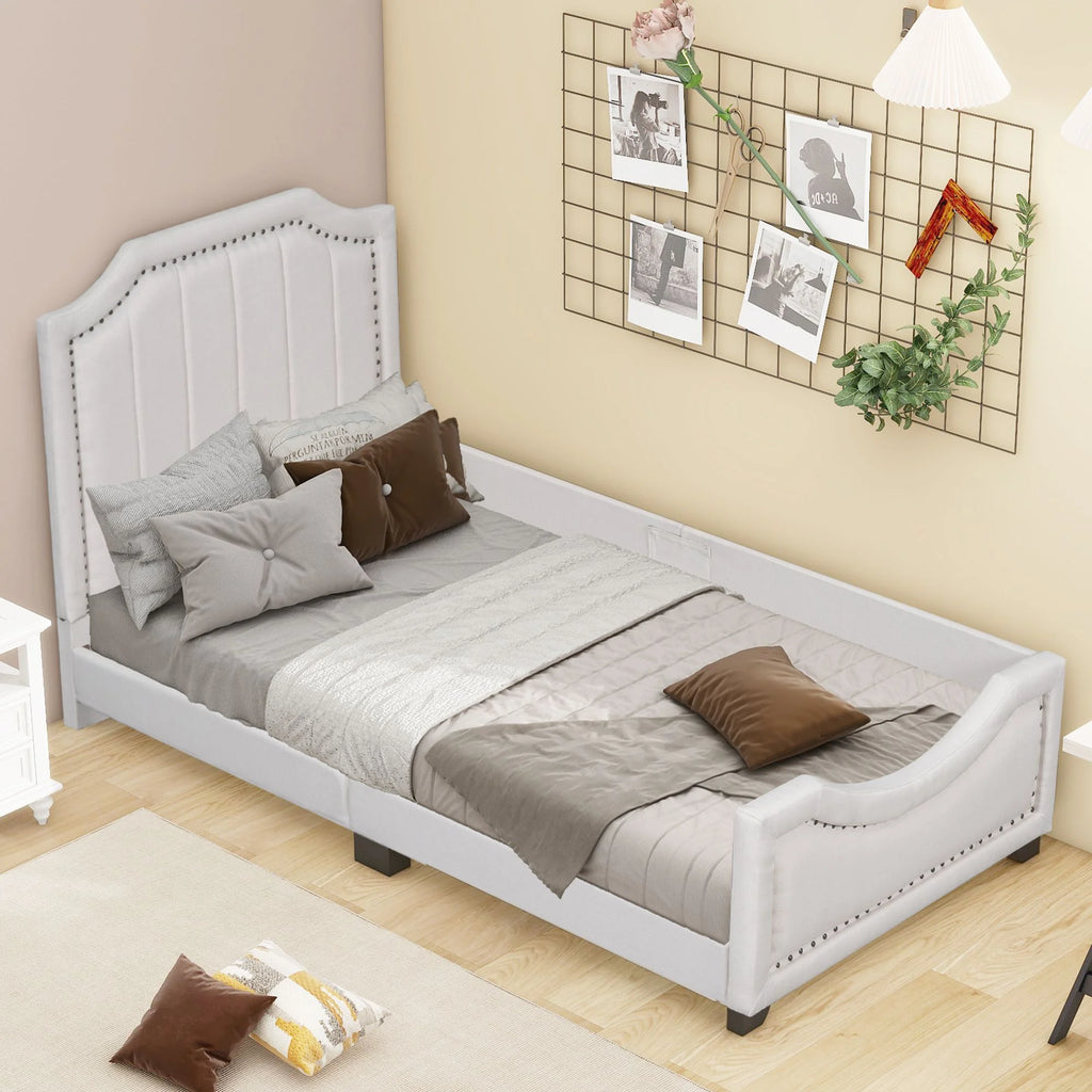 Twin Upholstered Platform Bed with Nailhead Trim and Guardrail D752
